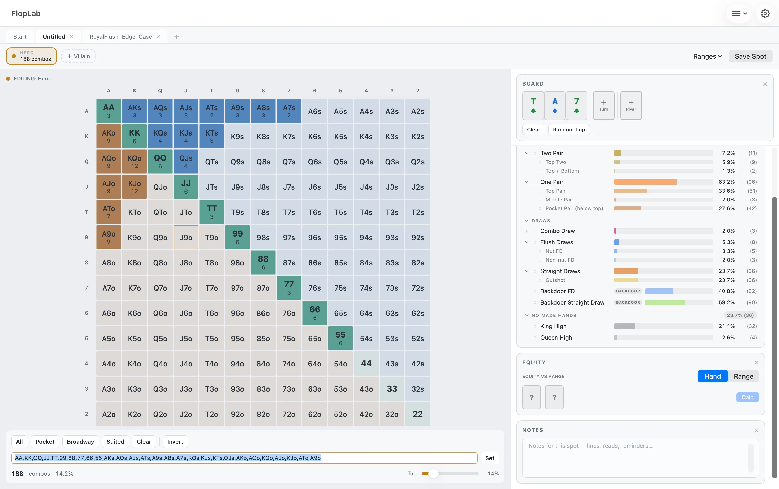 FlopLab's 13×13 range matrix, colour-coded by hand type with live combo counts on every cell