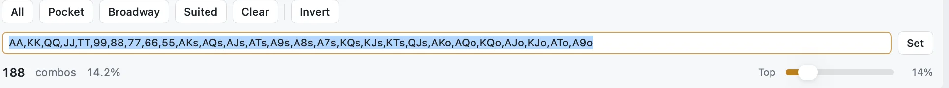 Range filter buttons above the range as editable text, with a live count of 188 combos at 14.2% and a top-percentage slider
